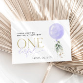 Paarse ballon, groen, gebladerte, eerste verjaarda bedankkaart