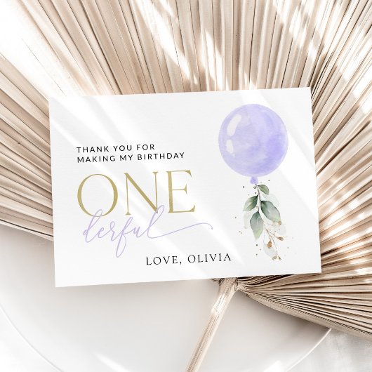 Paarse ballon, groen, gebladerte, eerste verjaarda bedankkaart