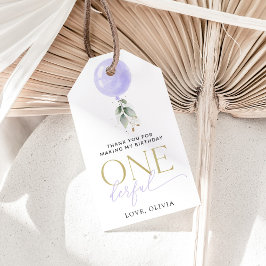 Paarse ballon, groen, gebladerte, eerste verjaarda cadeaulabel