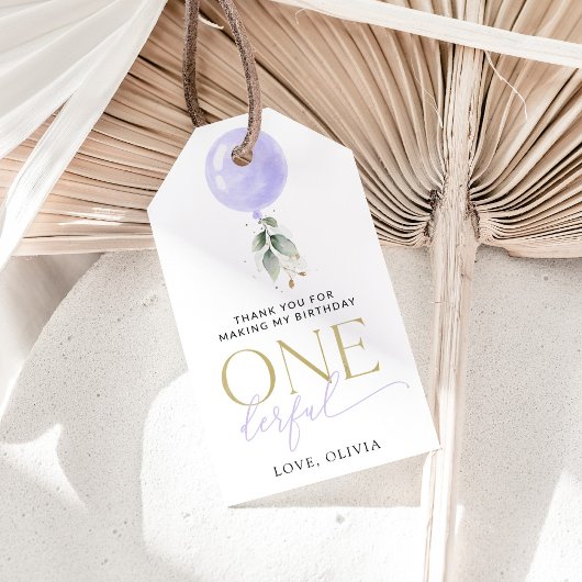 Paarse ballon, groen, gebladerte, eerste verjaarda cadeaulabel