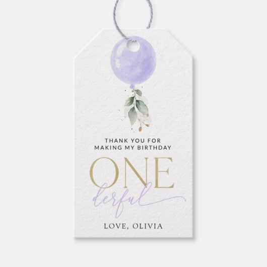 Paarse ballon, groen, gebladerte, eerste verjaarda cadeaulabel (Voorkant)