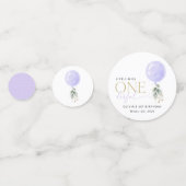 Paarse ballon, groen, gebladerte, eerste verjaarda confetti (Voorkanten)