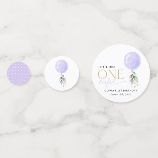 Paarse ballon, groen, gebladerte, eerste verjaarda confetti (Achterkanten)