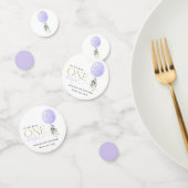 Paarse ballon, groen, gebladerte, eerste verjaarda confetti (Groep)