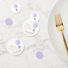 Paarse ballon, groen, gebladerte, eerste verjaarda confetti