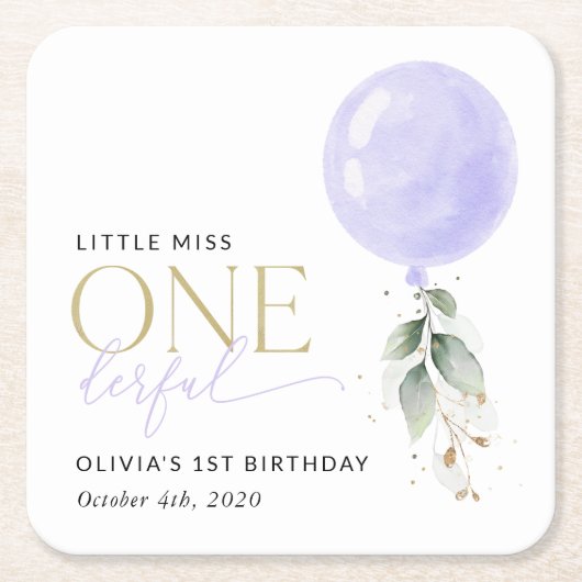 Paarse ballon, groen, gebladerte, eerste verjaarda kartonnen onderzetters (Voorkant)