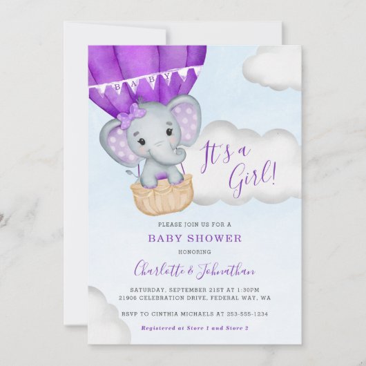 Paarse ballon meisje olifant Baby shower Kaart (Voorkant)