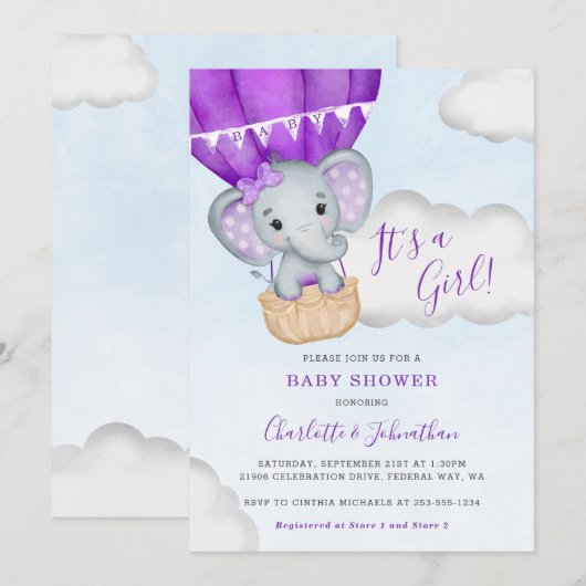 Paarse ballon meisje olifant Baby shower Kaart