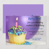 Paarse Ballonblauwe cupcake Verjaardagsuitnodiging Kaart (Voorkant / Achterkant)