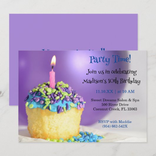 Paarse Ballonblauwe cupcake Verjaardagsuitnodiging Kaart (Voorkant / Achterkant)