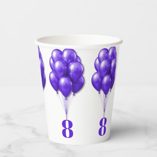 Paarse ballonnen Childs Verjaardag Leeftijd Sjablo Papieren Bekers (Achterkant)