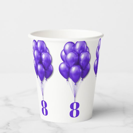 Paarse ballonnen Childs Verjaardag Leeftijd Sjablo Papieren Bekers (Voorkant)