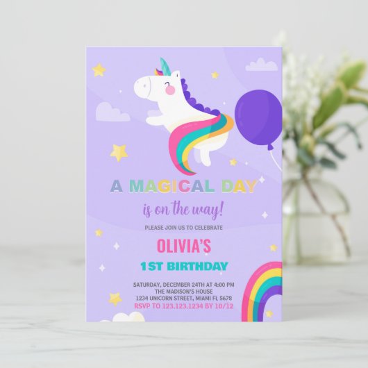 Paarse Ballonnen Eenhoorn Verjaardagsuitnodigingen Kaart (Staand voorkant)