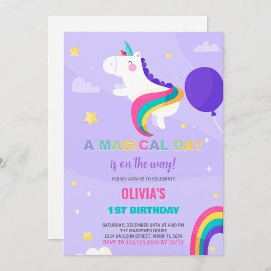 Paarse Ballonnen Eenhoorn Verjaardagsuitnodigingen Kaart (Voorkant / Achterkant)
