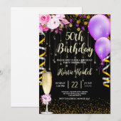 Paarse ballonnen en champagne-uitnodiging kaart (Voorkant / Achterkant)