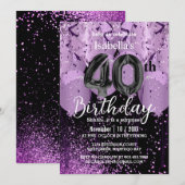 Paarse ballonnen en glitter 40e verjaardag kaart (Voorkant / Achterkant)