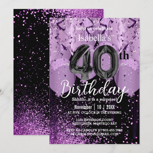 Paarse ballonnen en glitter 40e verjaardag kaart (Voorkant / Achterkant)