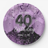 Paarse ballonnen en glitter 40e verjaardag papieren bordje (Voorkant)