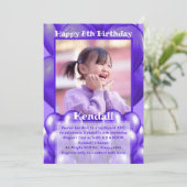 Paarse ballonnen foto verjaardagsfeestuitnodiginge kaart (Staand voorkant)