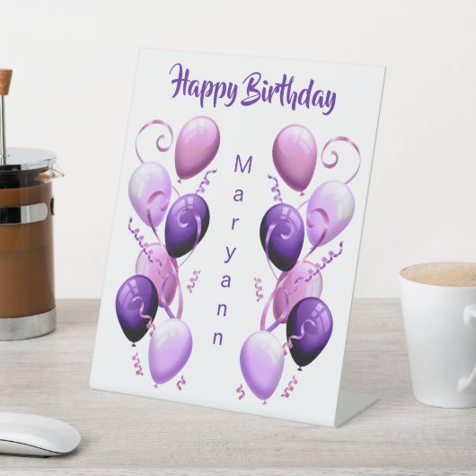 Paarse ballonnen gepersonaliseerd Happy Birthday Reclamebord Met Voetstuk (Insitu)