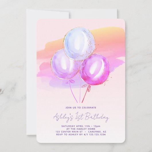 Paarse Ballonnen Meisjes 1e Verjaardagsuitnodiging Kaart (Voorkant)