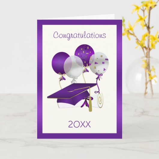 Paarse ballonnen, mortel en diploma Afstuderen Kaart (Gele Bloem)