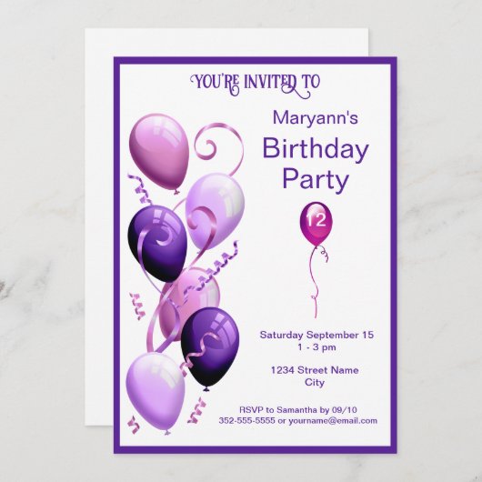Paarse ballonnen van Birthday Kaart (Voorkant / Achterkant)