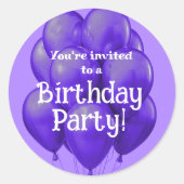 Paarse ballonnen Verjaardagsfeestenvelop Seal Ronde Sticker (Voorkant)