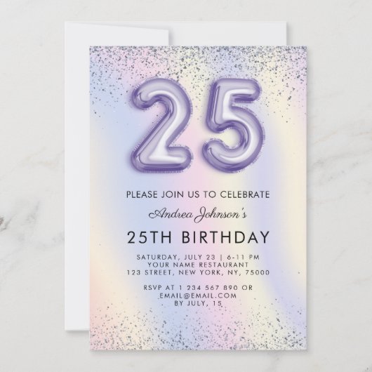 Paarse ballonnummer 25e geboortedag holografisch kaart (Voorkant)