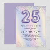 Paarse ballonnummer 25e geboortedag holografisch kaart (Voorkant / Achterkant)