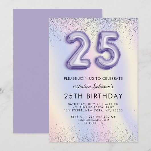 Paarse ballonnummer 25e geboortedag holografisch kaart (Voorkant / Achterkant)