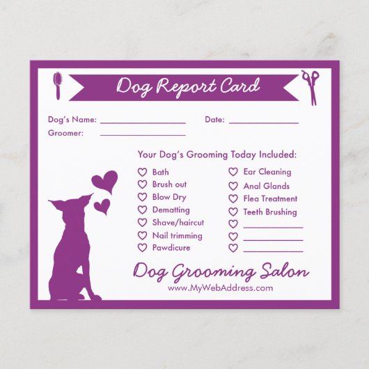 Paarse banner Silhouette Dog Grooming Report Kaart (Voorkant)