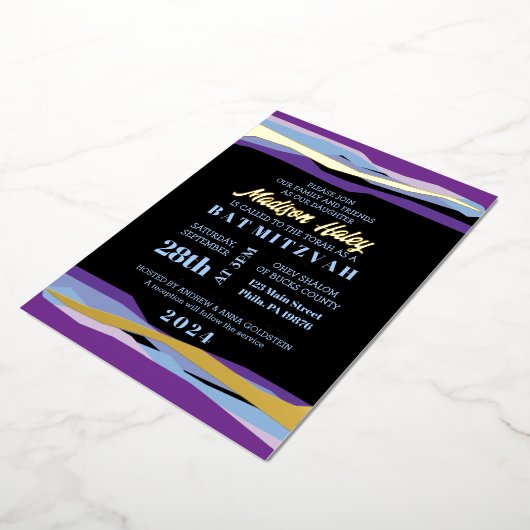 Paarse Bar Mitswa uitnodiging met gouden folie (Gedraaid)