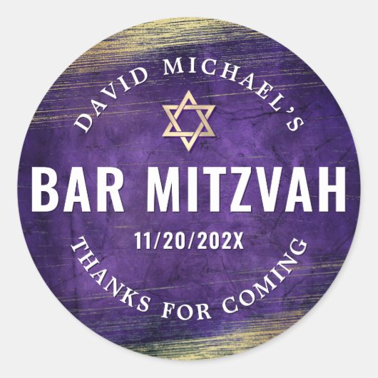 Paarse Bar Mitzvah Waterverf Goudfolie Modern Ronde Sticker (Voorkant)