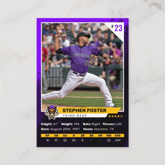 Paarse Baseball Trading Kaart Foto Baseball Logo Contactkaartje (Voorkant)