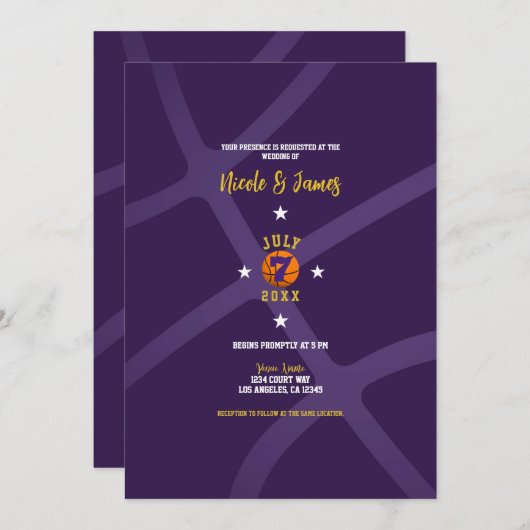 Paarse Basketbal Chic Minimaal Sport Bruiloft    Kaart (Voorkant / Achterkant)