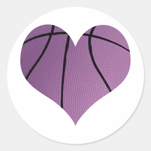 Paarse basketbal in de vorm van een hart ronde sticker (Voorkant)