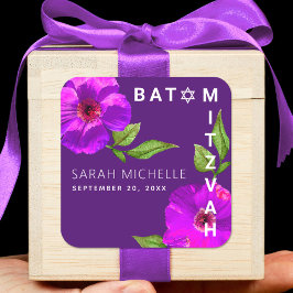 Paarse Bat Mitzvah Bold Modern Floral Waterverf Vierkante Sticker