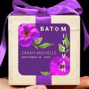 Paarse Bat Mitzvah Bold Modern Floral Waterverf Vierkante Sticker