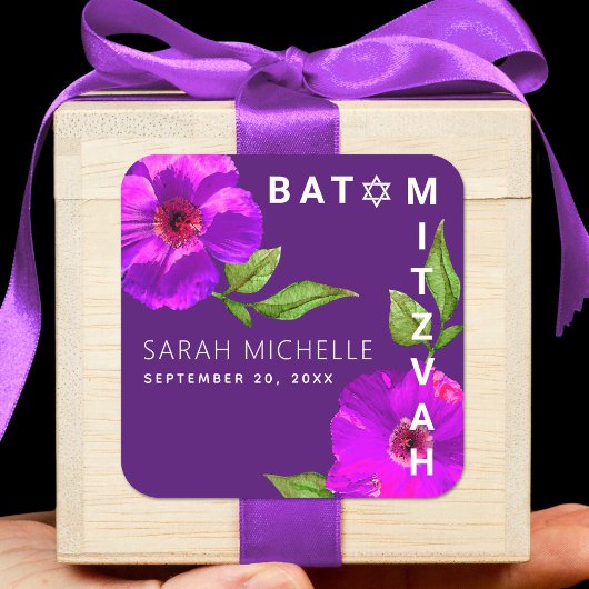 Paarse Bat Mitzvah Bold Modern Floral Waterverf Vierkante Sticker