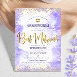 Paarse Bat Mitzvah Gold Foil Waterverf Modern Kaart<br><div class="desc">Wees trots, verheug je en laat deze mijlpaal van je favoriete Bat Mitswa zien! Stuur deze prachtige, moderne, gepersonaliseerde uitnodiging voor een evenement om te onthouden. Sparkly faux gouden folie script, glitter stippen. Star of David en typografisch script bedekken een licht paarse waterverf achtergrond. Personaliseer de aangepaste tekst met de...</div>