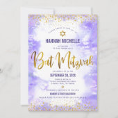 Paarse Bat Mitzvah Gold Foil Waterverf Modern Kaart (Voorkant)