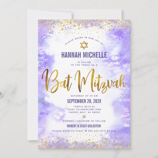 Paarse Bat Mitzvah Gold Foil Waterverf Modern Kaart (Voorkant)
