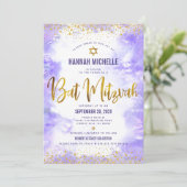 Paarse Bat Mitzvah Gold Foil Waterverf Modern Kaart (Staand voorkant)