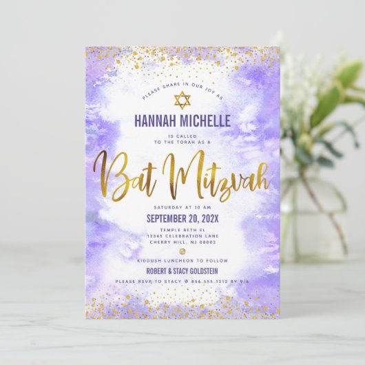 Paarse Bat Mitzvah Gold Foil Waterverf Modern Kaart (Staand voorkant)