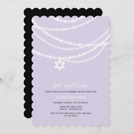 Paarse bat mitzvah sparkles ster van David Invite Kaart (Voorkant / Achterkant)