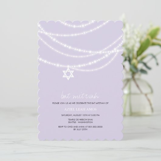 Paarse bat mitzvah sparkles ster van David Invite Kaart (Staand voorkant)
