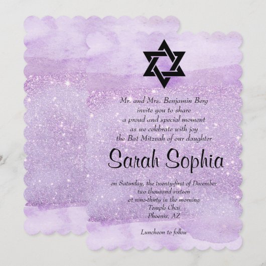 Paarse Bat Mitzvah, Waterverf, Violet, Glitter Kaart (Voorkant / Achterkant)
