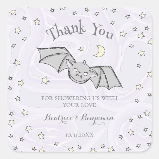 Paarse Batty, Stars & Moons Spooky Schattige Bedan Vierkante Sticker (Voorkant)