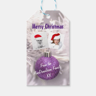 Paarse bauble Vrolijk Kerstfoto sjabloon Cadeaulabel